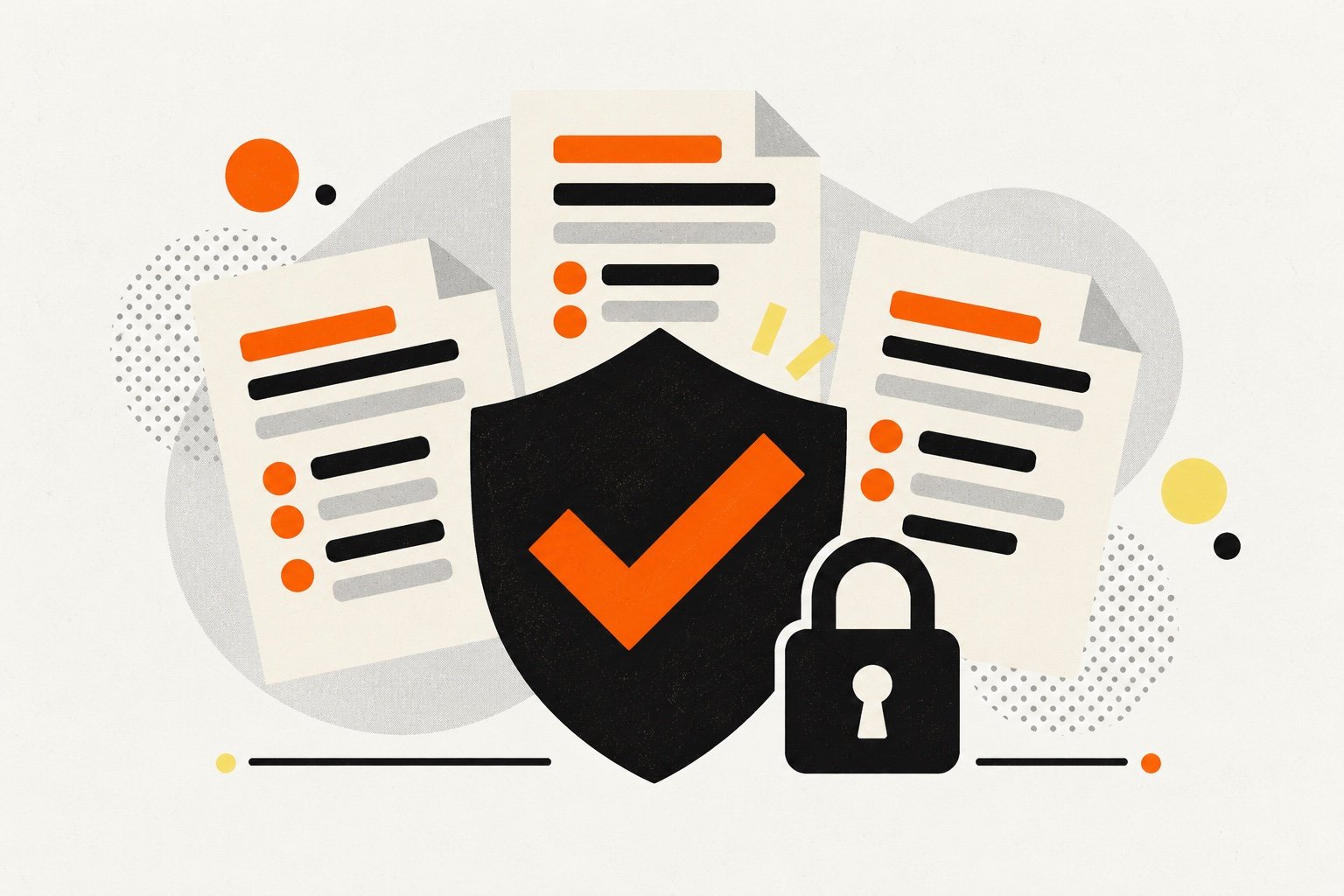 Editorial illustration of documents, a shield and a padlock for account review