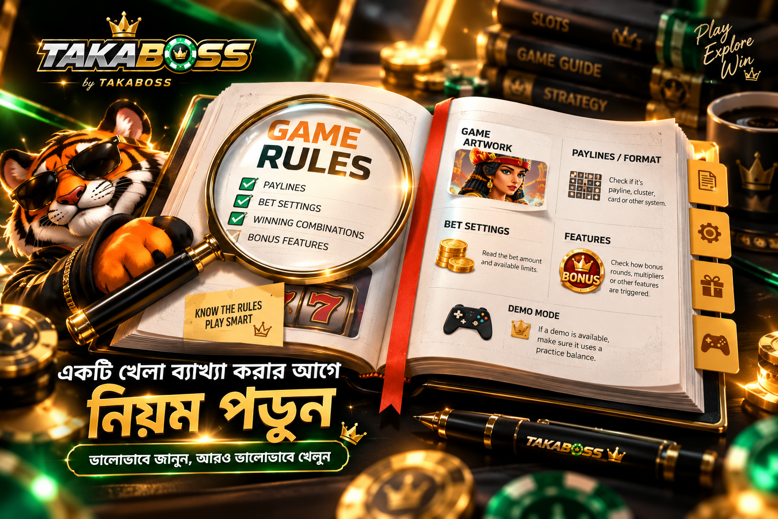 Takaboss game-rules banner with an open book and magnifying glass