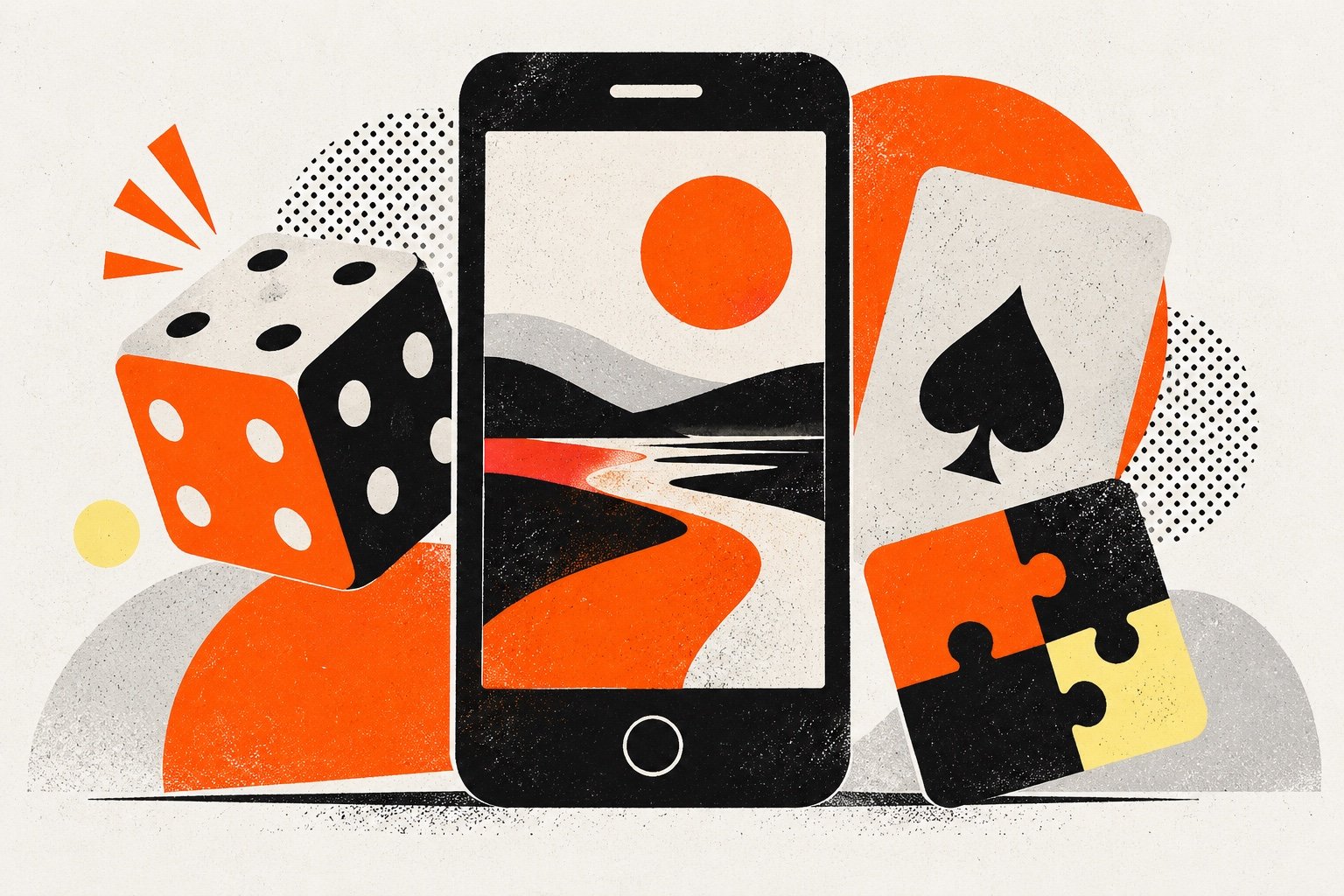 Editorial illustration of a phone, game symbols and playing card